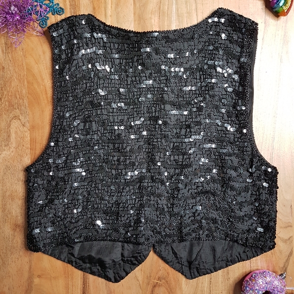 🌏 Vintage 100% Silk Sequined Vest • Sz M - Picture 6 of 16